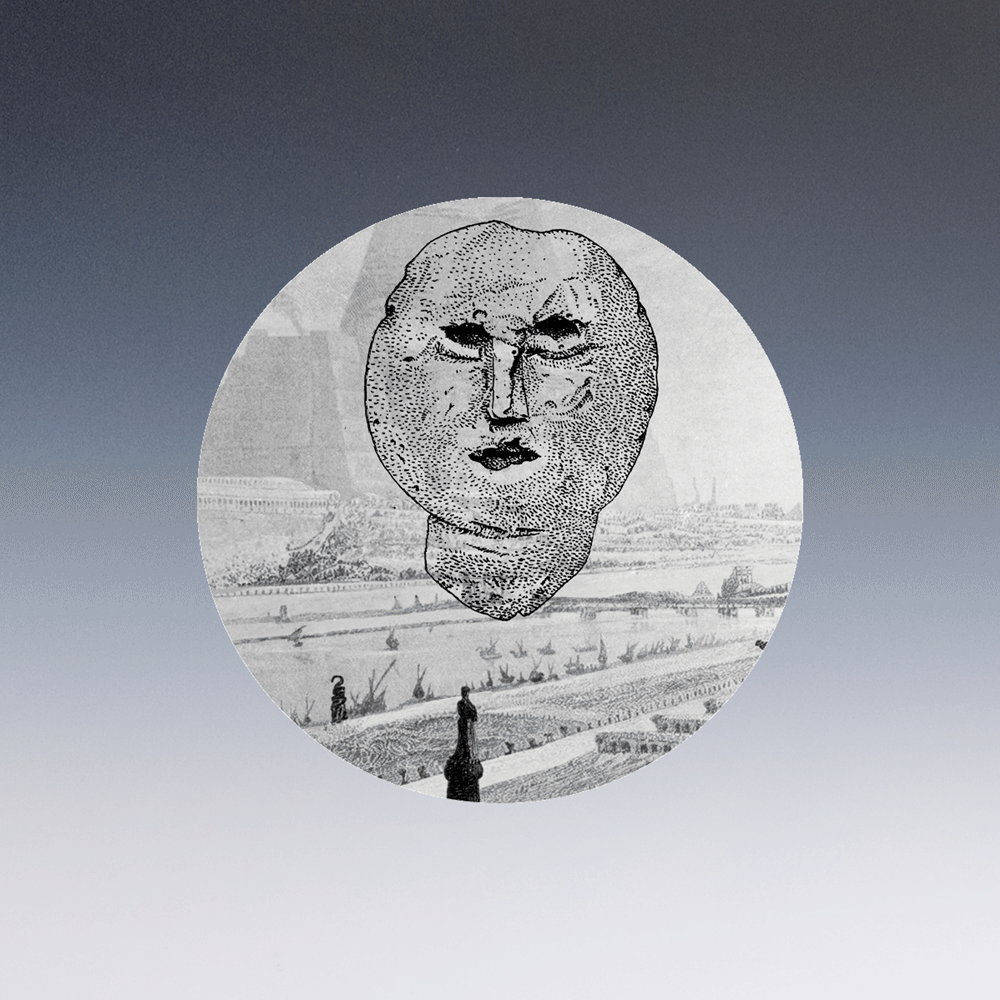 Moving gif of a lenticular magnet with the Museum of Jurassic Technology logo of a carved face on a landscape background