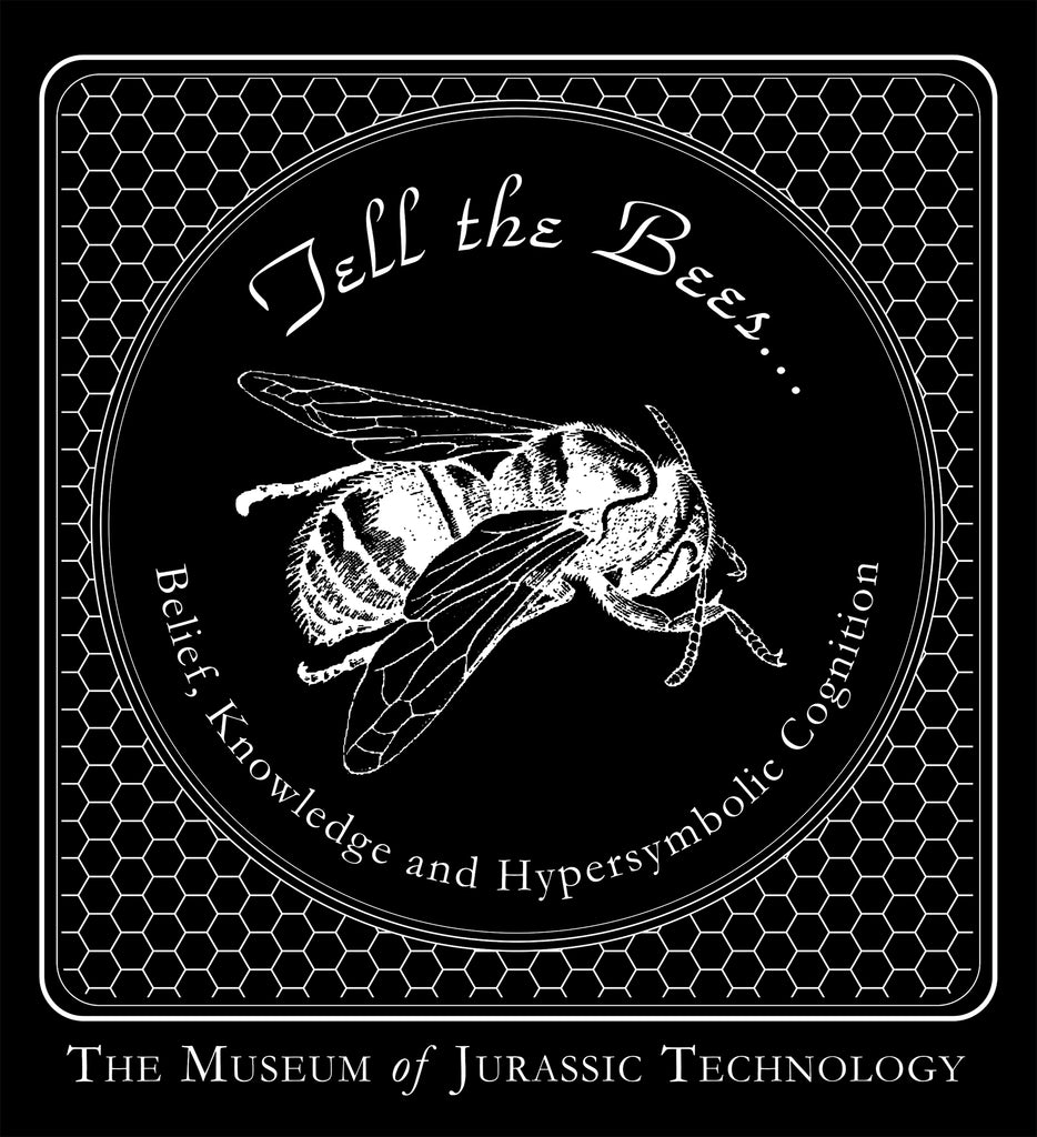 Black and white illustration of a bee with text around it, featuring 'The Museum of Jurassic Technology'.