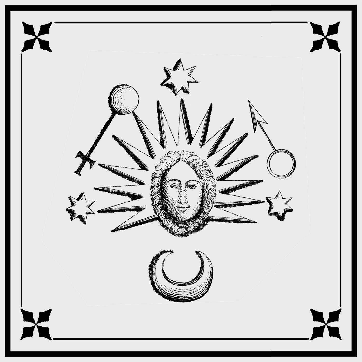 face in a sun surrounded by moon stars and symbols