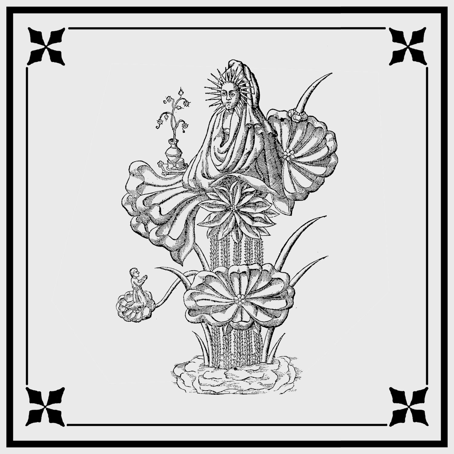 robed person coming out of flowers